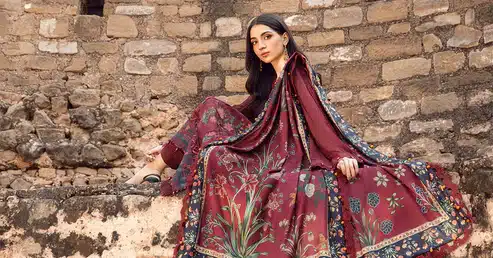 Maria.B Mprints 3 Piece Unstitched Printed Linen Suit | Maroon