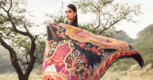 Maria.B Mprints 3 Piece Unstitched Printed Linen Suit | Black