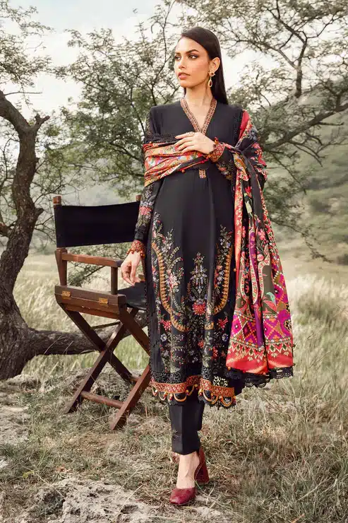 Maria.B Mprints 3 Piece Unstitched Printed Linen Suit | Black