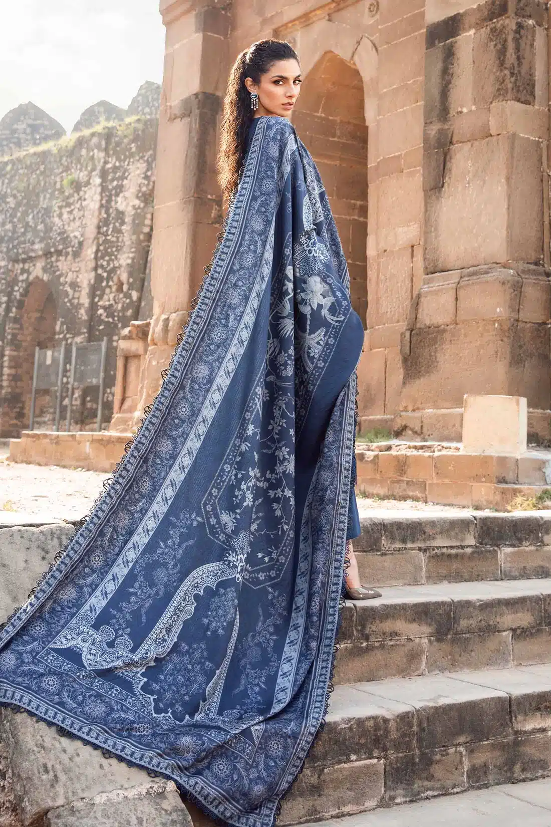 Maria.B Mprints 3 Piece Unstitched Printed Linen Suit | Navy Blue