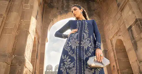 Maria.B Mprints 3 Piece Unstitched Printed Linen Suit | Navy Blue