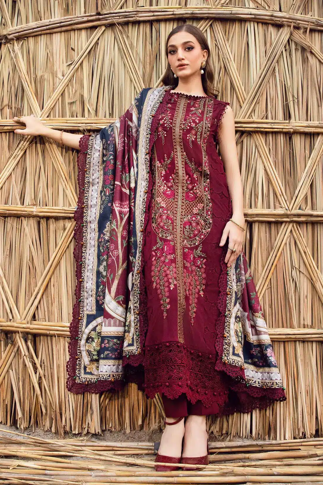 Maria.B Mprints 3 Piece Unstitched Printed Linen Suit | Maroon