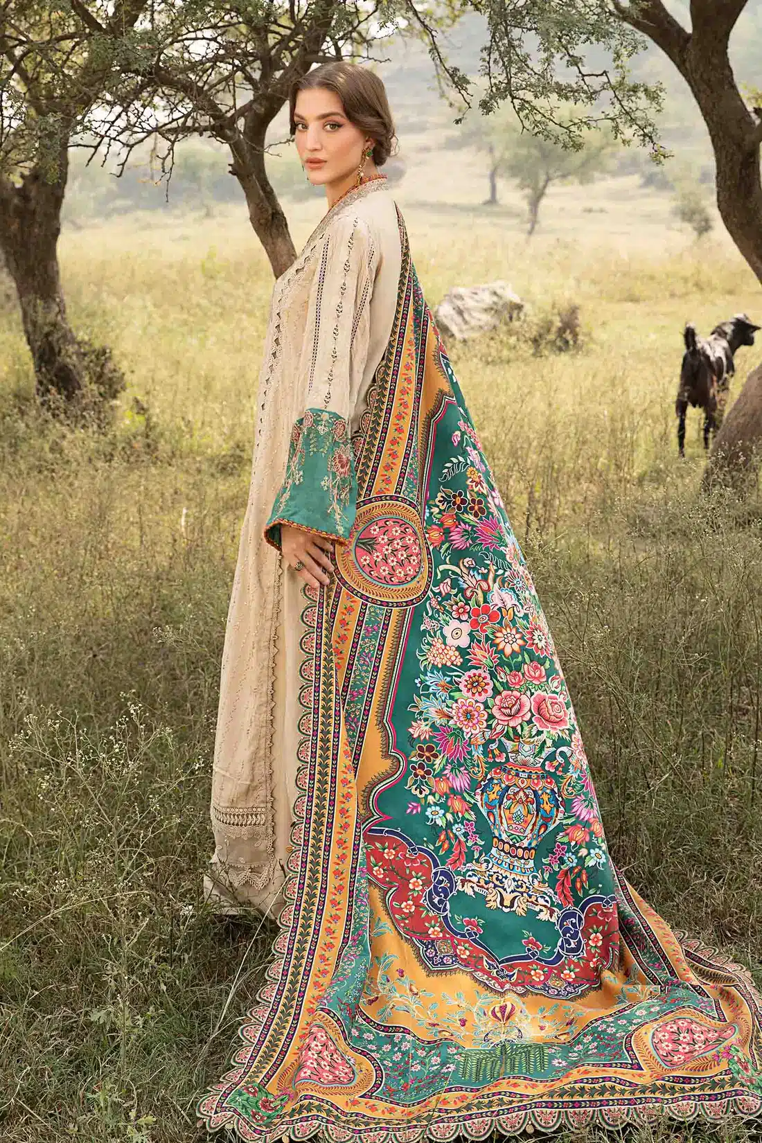 Maria.B Mprints 3 Piece Unstitched Printed Linen Suit | Coffee