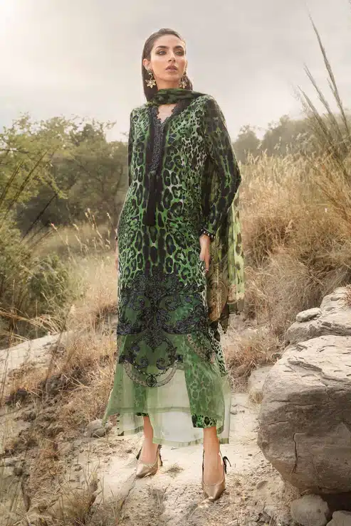 Maria.B Mprints 3 Piece Unstitched Printed Linen Suit | Green